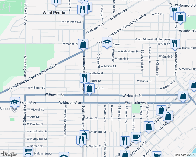 map of restaurants, bars, coffee shops, grocery stores, and more near 1803 West Butler Street in Peoria
