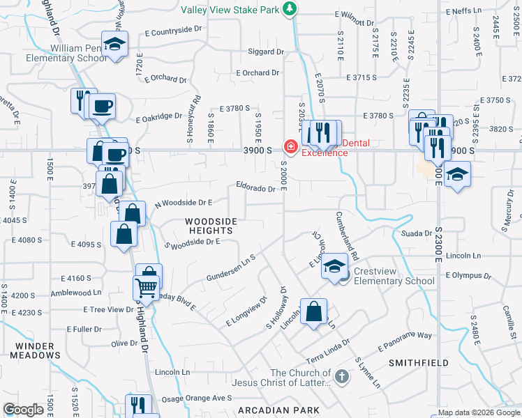 map of restaurants, bars, coffee shops, grocery stores, and more near 1956 East Woodside Drive in Holladay