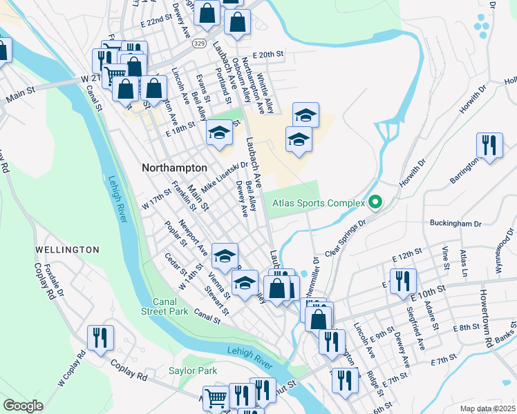 map of restaurants, bars, coffee shops, grocery stores, and more near 1416 Laubach Avenue in Northampton