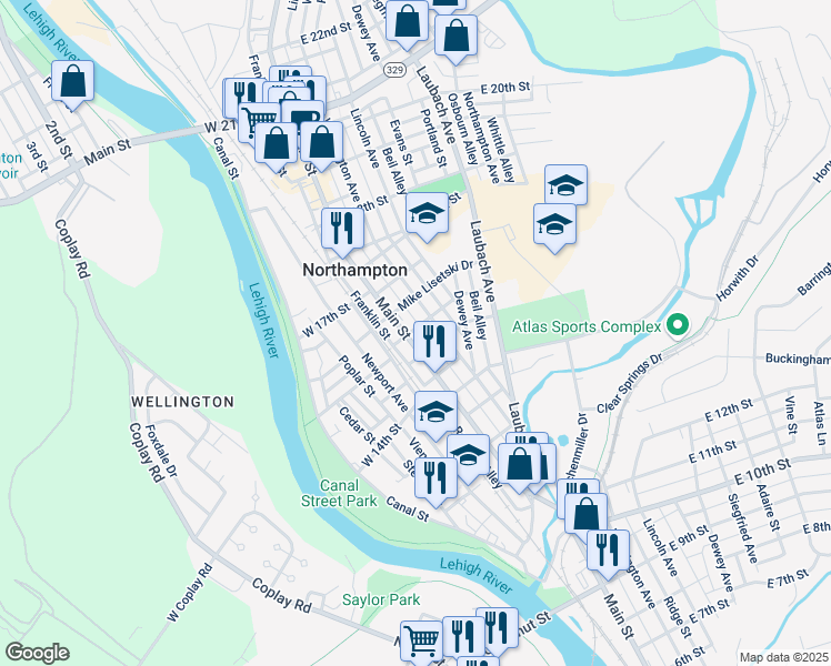map of restaurants, bars, coffee shops, grocery stores, and more near 1543 Main Street in Northampton
