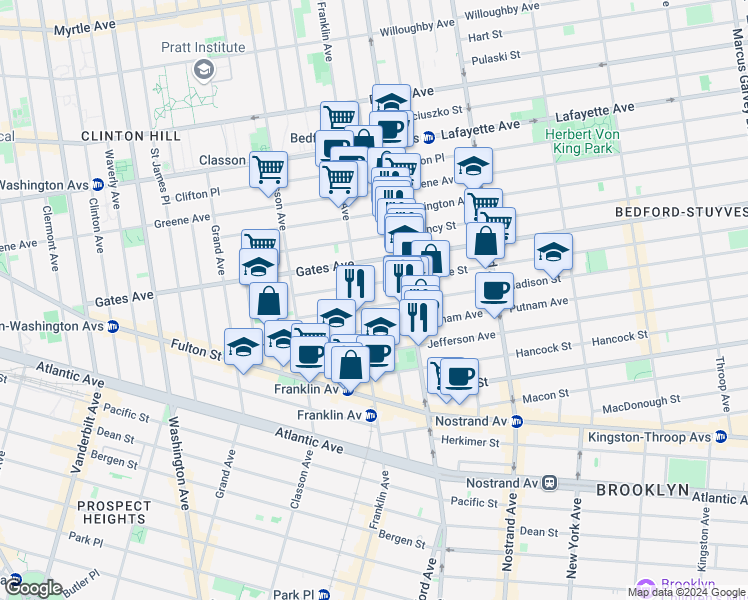 map of restaurants, bars, coffee shops, grocery stores, and more near 85 Madison Street in Brooklyn