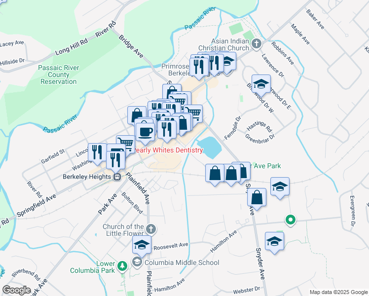 map of restaurants, bars, coffee shops, grocery stores, and more near Lone Pine Drive in Berkeley Heights