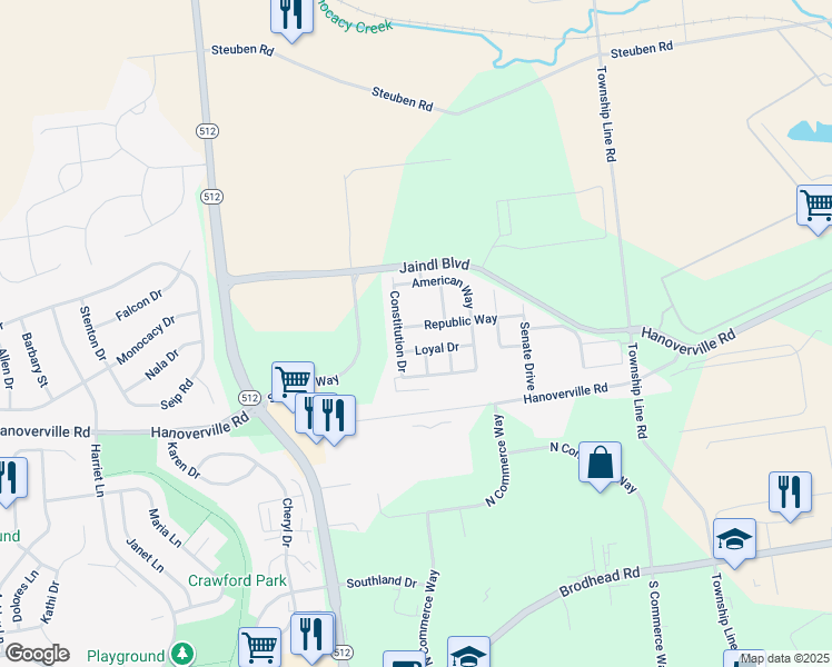 map of restaurants, bars, coffee shops, grocery stores, and more near 5565 Republic Way in Bethlehem