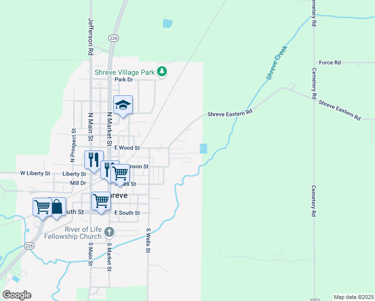 map of restaurants, bars, coffee shops, grocery stores, and more near 445 East Wood Street in Shreve