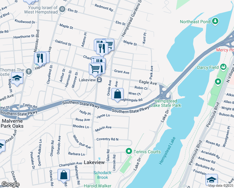 map of restaurants, bars, coffee shops, grocery stores, and more near 719 Thrush Ave in West Hempstead