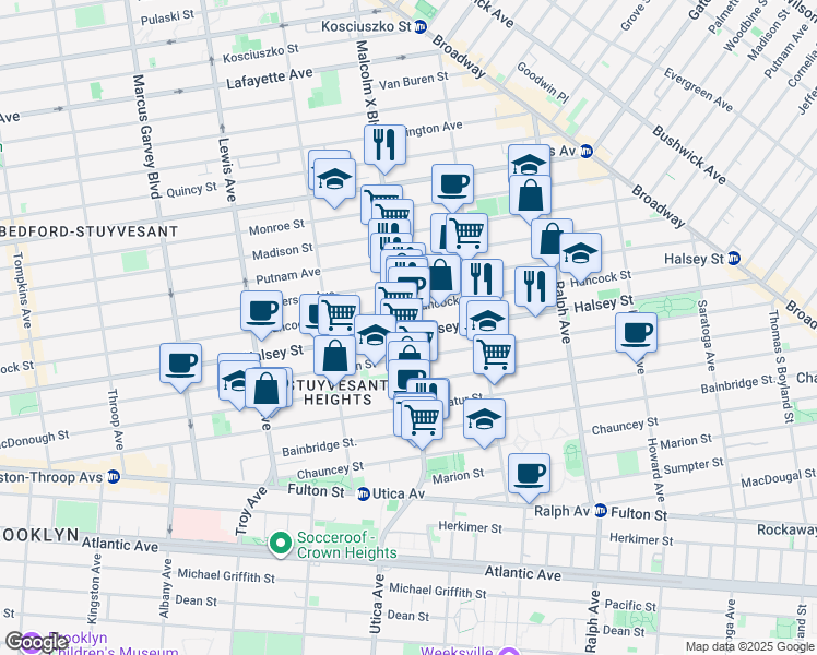 map of restaurants, bars, coffee shops, grocery stores, and more near 668 Hancock Street in Brooklyn