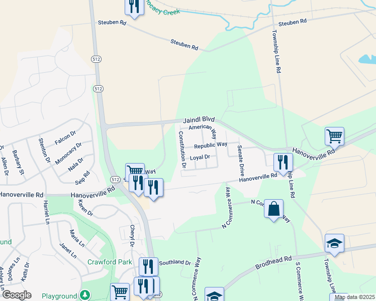 map of restaurants, bars, coffee shops, grocery stores, and more near 5565 Republic Way in Bethlehem