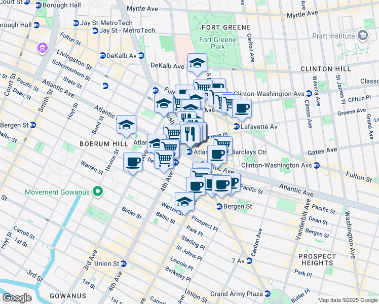 map of restaurants, bars, coffee shops, grocery stores, and more near 139 Flatbush Avenue in Brooklyn