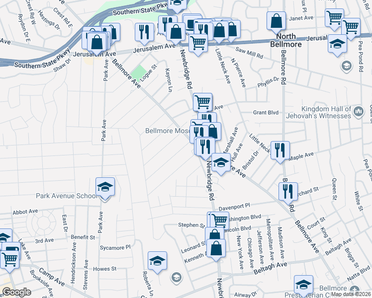 map of restaurants, bars, coffee shops, grocery stores, and more near 2376 Lincoln Street in North Bellmore