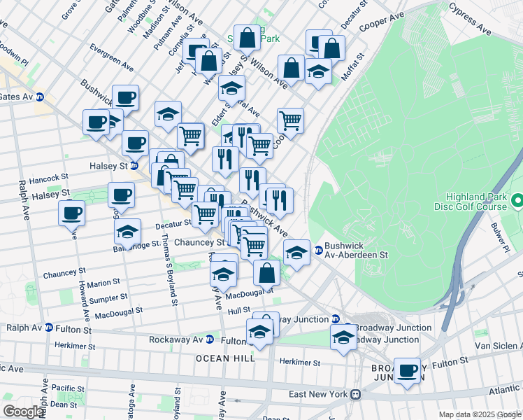 map of restaurants, bars, coffee shops, grocery stores, and more near 700 Chauncey Street in Brooklyn