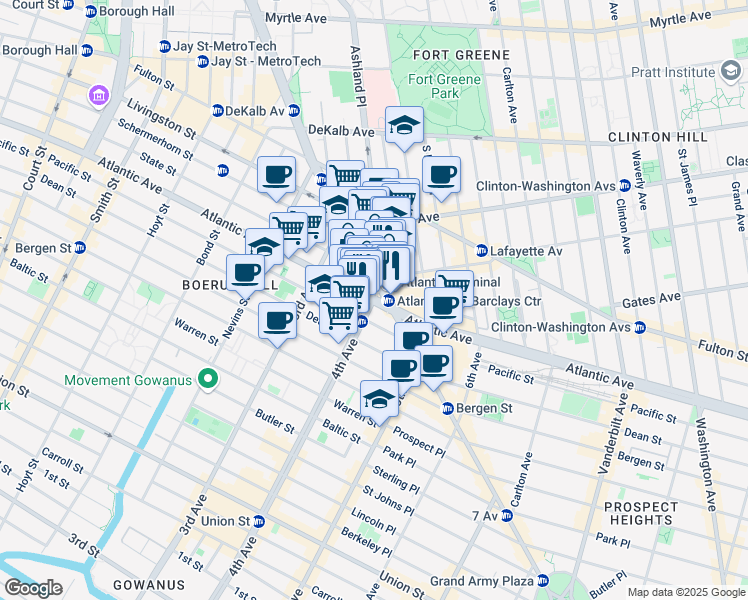 map of restaurants, bars, coffee shops, grocery stores, and more near 565 Atlantic Avenue in Brooklyn