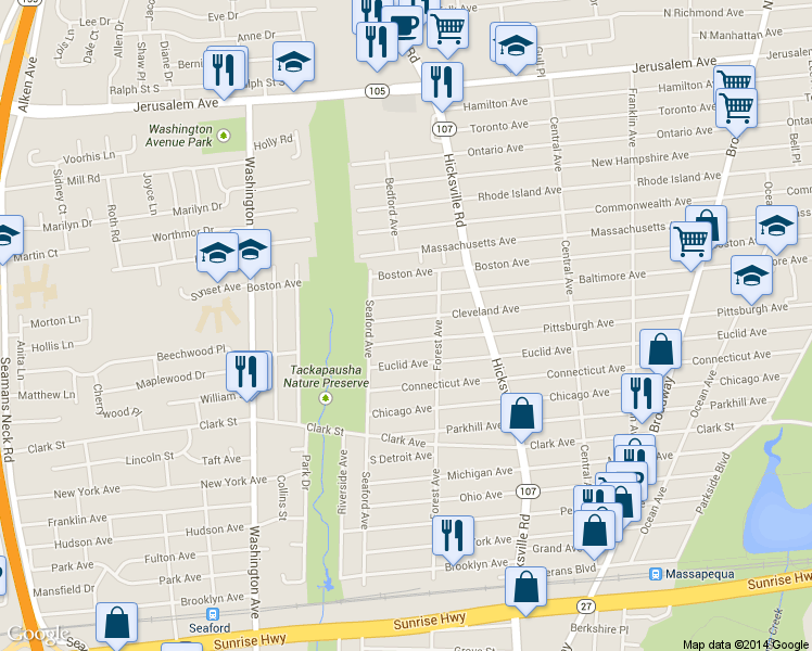 map of restaurants, bars, coffee shops, grocery stores, and more near 12 Cleveland Ave in Massapequa