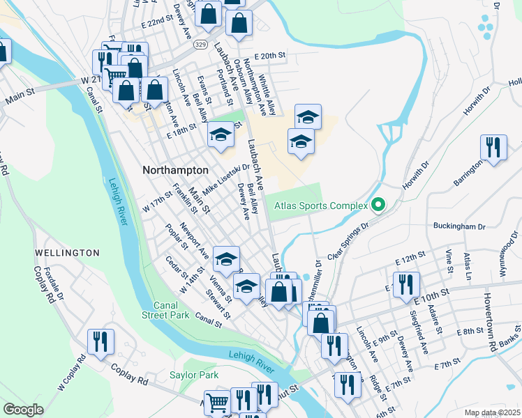 map of restaurants, bars, coffee shops, grocery stores, and more near 1416 Laubach Avenue in Northampton