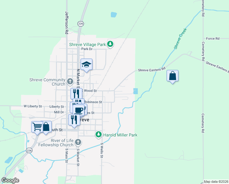 map of restaurants, bars, coffee shops, grocery stores, and more near 360 Water Street in Shreve