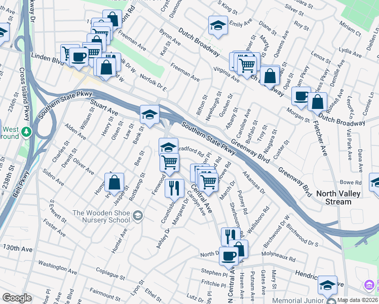 map of restaurants, bars, coffee shops, grocery stores, and more near 33 Bradford Road in Valley Stream