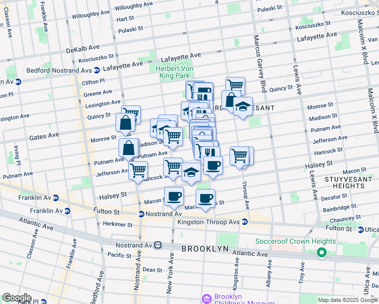 map of restaurants, bars, coffee shops, grocery stores, and more near 392 Putnam Avenue in Brooklyn