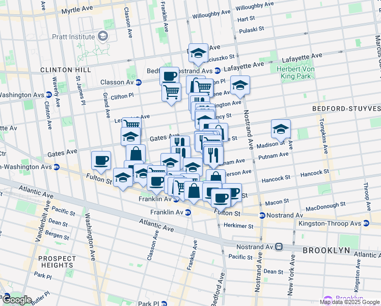 map of restaurants, bars, coffee shops, grocery stores, and more near 421 Franklin Avenue in Brooklyn