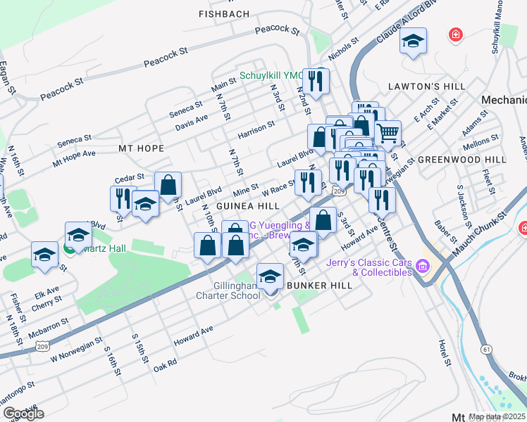 map of restaurants, bars, coffee shops, grocery stores, and more near 222 North 7th Street in Pottsville