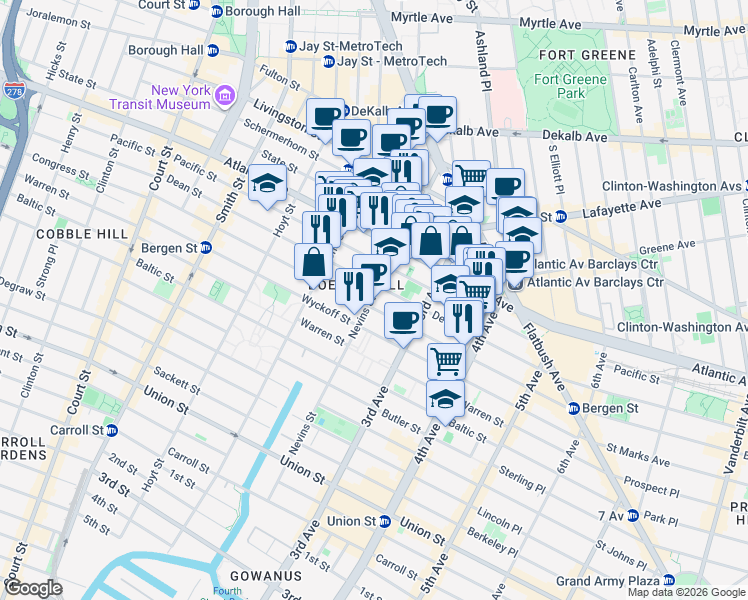 map of restaurants, bars, coffee shops, grocery stores, and more near 268 Dean Street in Brooklyn