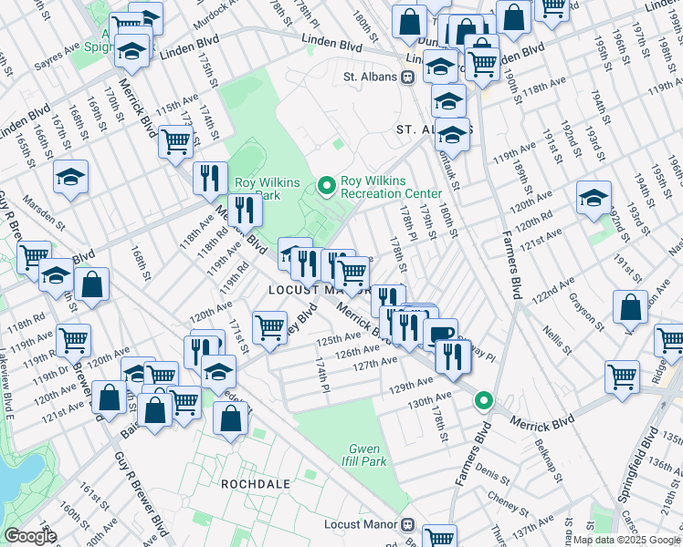 map of restaurants, bars, coffee shops, grocery stores, and more near 176-12 Roe Road in Queens