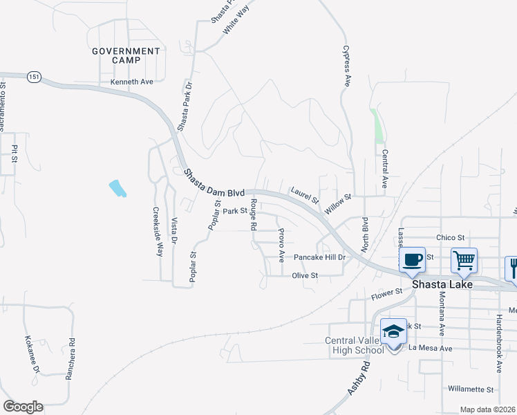 map of restaurants, bars, coffee shops, grocery stores, and more near 3604 Hazel Street in Shasta Lake