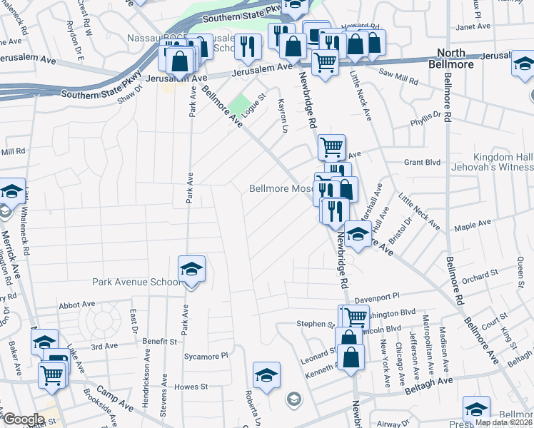 map of restaurants, bars, coffee shops, grocery stores, and more near 2310 Garfield Street in North Bellmore