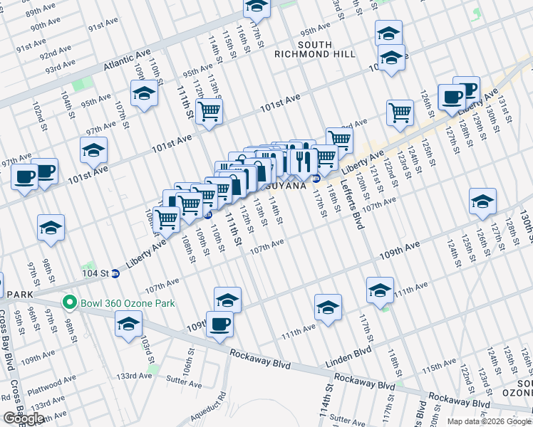 map of restaurants, bars, coffee shops, grocery stores, and more near 104-35 113th Street in Queens