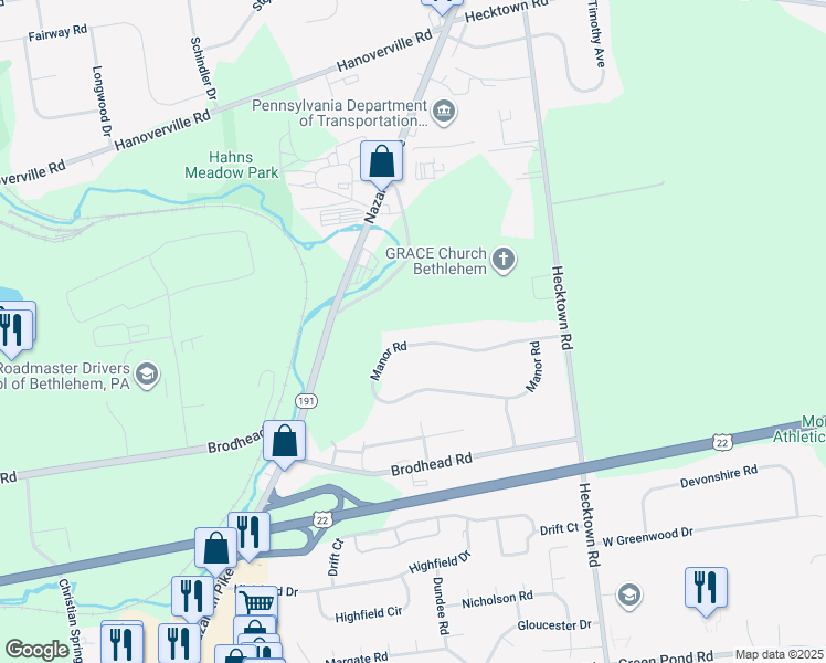 map of restaurants, bars, coffee shops, grocery stores, and more near 3625 Manor Road in Bethlehem