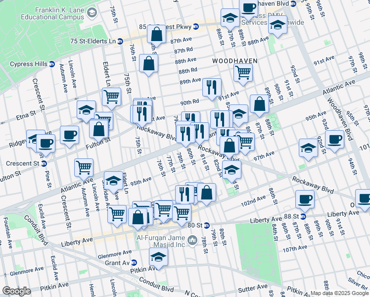 map of restaurants, bars, coffee shops, grocery stores, and more near in Queens