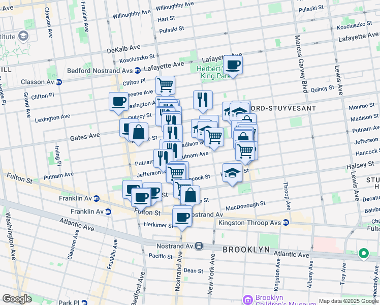 map of restaurants, bars, coffee shops, grocery stores, and more near 832 Marcy Avenue in Brooklyn