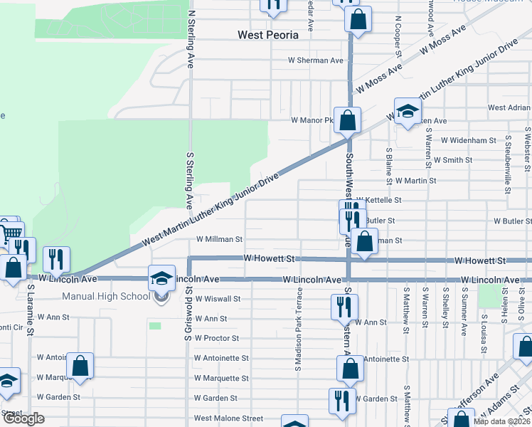 map of restaurants, bars, coffee shops, grocery stores, and more near 2203 West Butler Street in Peoria