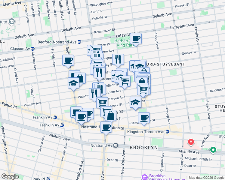 map of restaurants, bars, coffee shops, grocery stores, and more near 327 Putnam Avenue in Brooklyn