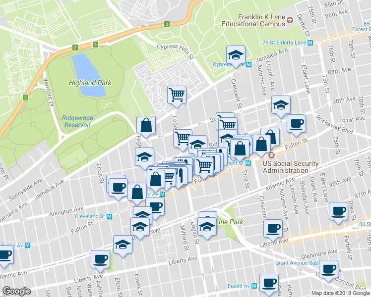 map of restaurants, bars, coffee shops, grocery stores, and more near 101 Logan Street in Brooklyn