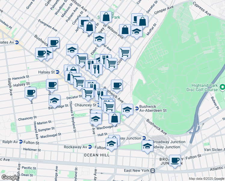 map of restaurants, bars, coffee shops, grocery stores, and more near 685 Chauncey Street in Brooklyn