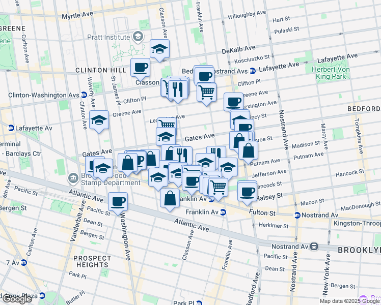 map of restaurants, bars, coffee shops, grocery stores, and more near 14 Monroe Street in Brooklyn