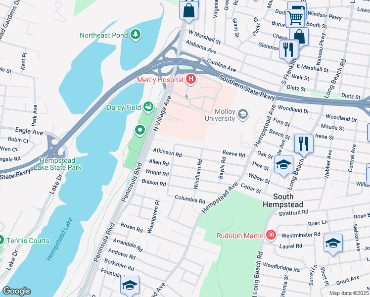 map of restaurants, bars, coffee shops, grocery stores, and more near 6 Reeve Road in Rockville Centre