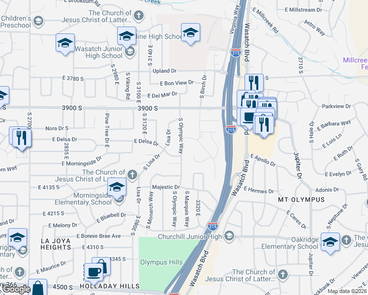 map of restaurants, bars, coffee shops, grocery stores, and more near 4030 Splendor Circle in Salt Lake City