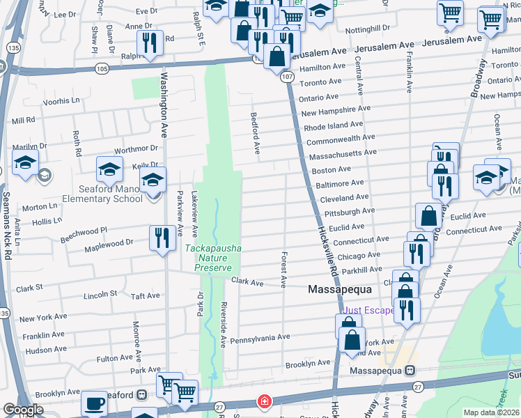 map of restaurants, bars, coffee shops, grocery stores, and more near 12 Cleveland Avenue in Massapequa