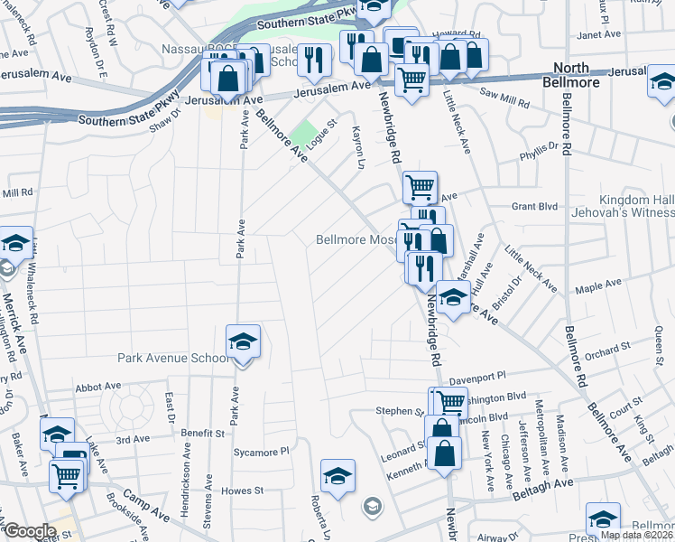 map of restaurants, bars, coffee shops, grocery stores, and more near 2310 Garfield Street in North Bellmore