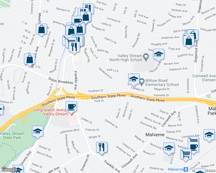 map of restaurants, bars, coffee shops, grocery stores, and more near 992 Sherman Drive in Franklin Square