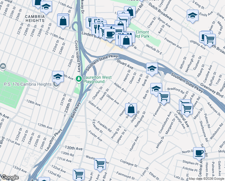 map of restaurants, bars, coffee shops, grocery stores, and more near 51 Everett Street in Valley Stream