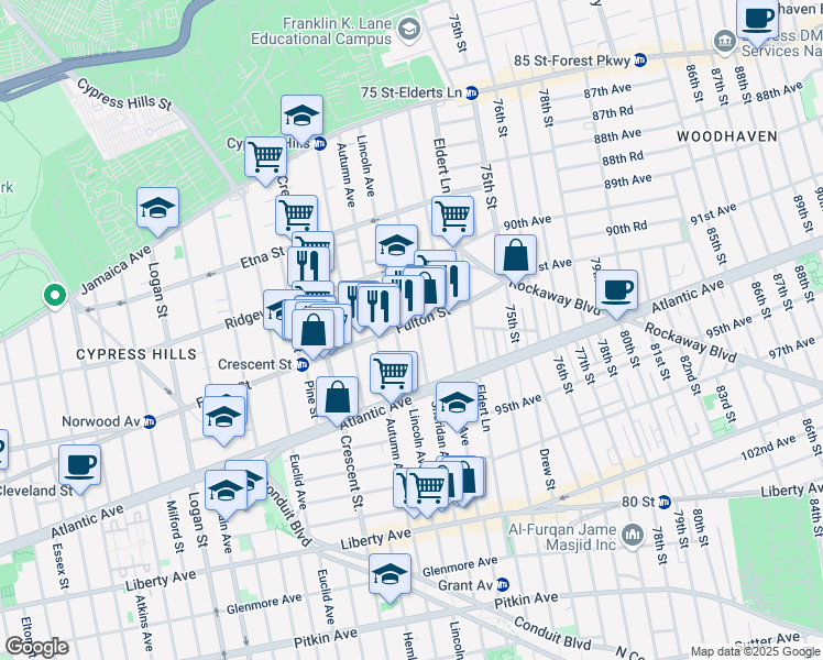 map of restaurants, bars, coffee shops, grocery stores, and more near 3436 Fulton Street in Brooklyn