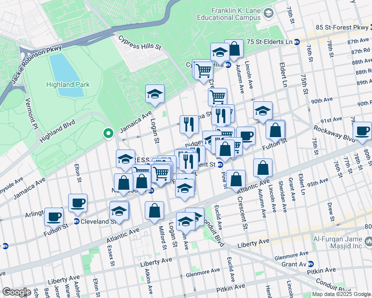 map of restaurants, bars, coffee shops, grocery stores, and more near 336 Ridgewood Avenue in Brooklyn