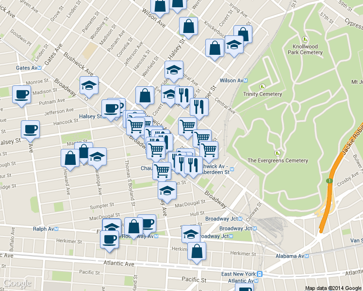 map of restaurants, bars, coffee shops, grocery stores, and more near 1408 Bushwick Avenue in Brooklyn