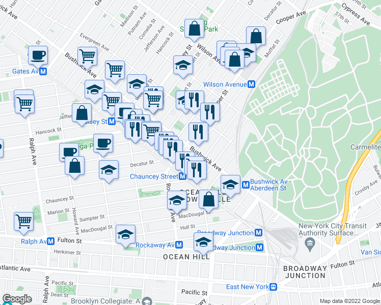 map of restaurants, bars, coffee shops, grocery stores, and more near 1408 Bushwick Avenue in Brooklyn
