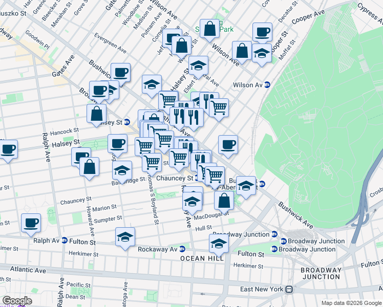 map of restaurants, bars, coffee shops, grocery stores, and more near 35 Cooper Street in Brooklyn