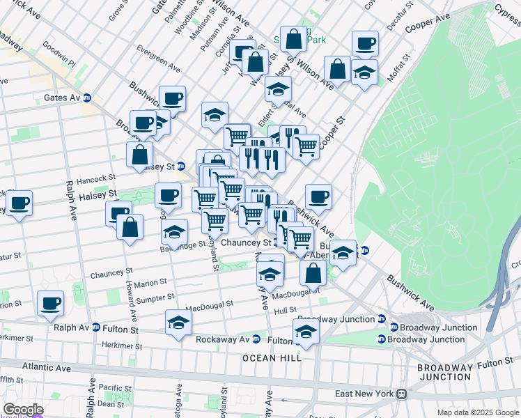 map of restaurants, bars, coffee shops, grocery stores, and more near 35 Cooper Street in Brooklyn