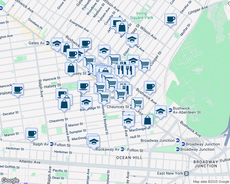 map of restaurants, bars, coffee shops, grocery stores, and more near 1671 Broadway in Brooklyn