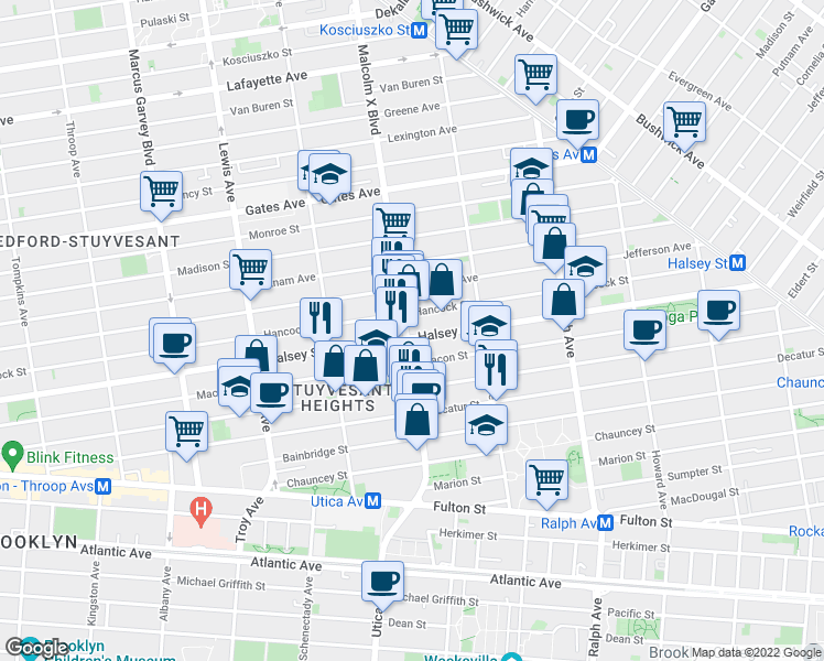 map of restaurants, bars, coffee shops, grocery stores, and more near 668 Hancock Street in Brooklyn