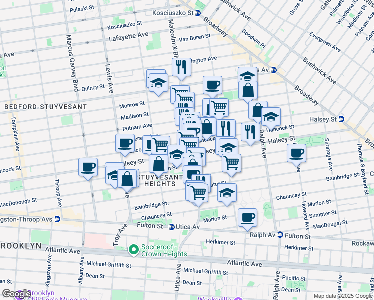 map of restaurants, bars, coffee shops, grocery stores, and more near 668 Hancock Street in Brooklyn